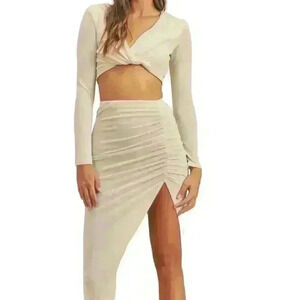 Mable Two-Piece Set Cream Nude Crop Top Ruched Skirt High Slit Size Medium